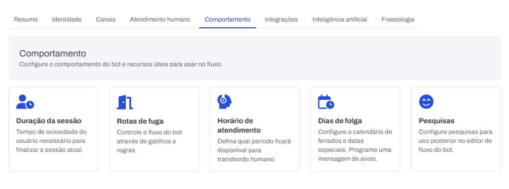 Tela Comportamento do Bot