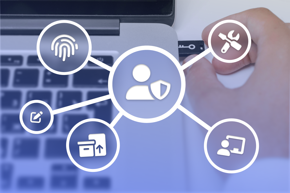 Banner para o blogpost. Imagem de um pen-drive de segurança sendo inserido em um computador e vários ícones ligados ao meio em um ícone de segurança.